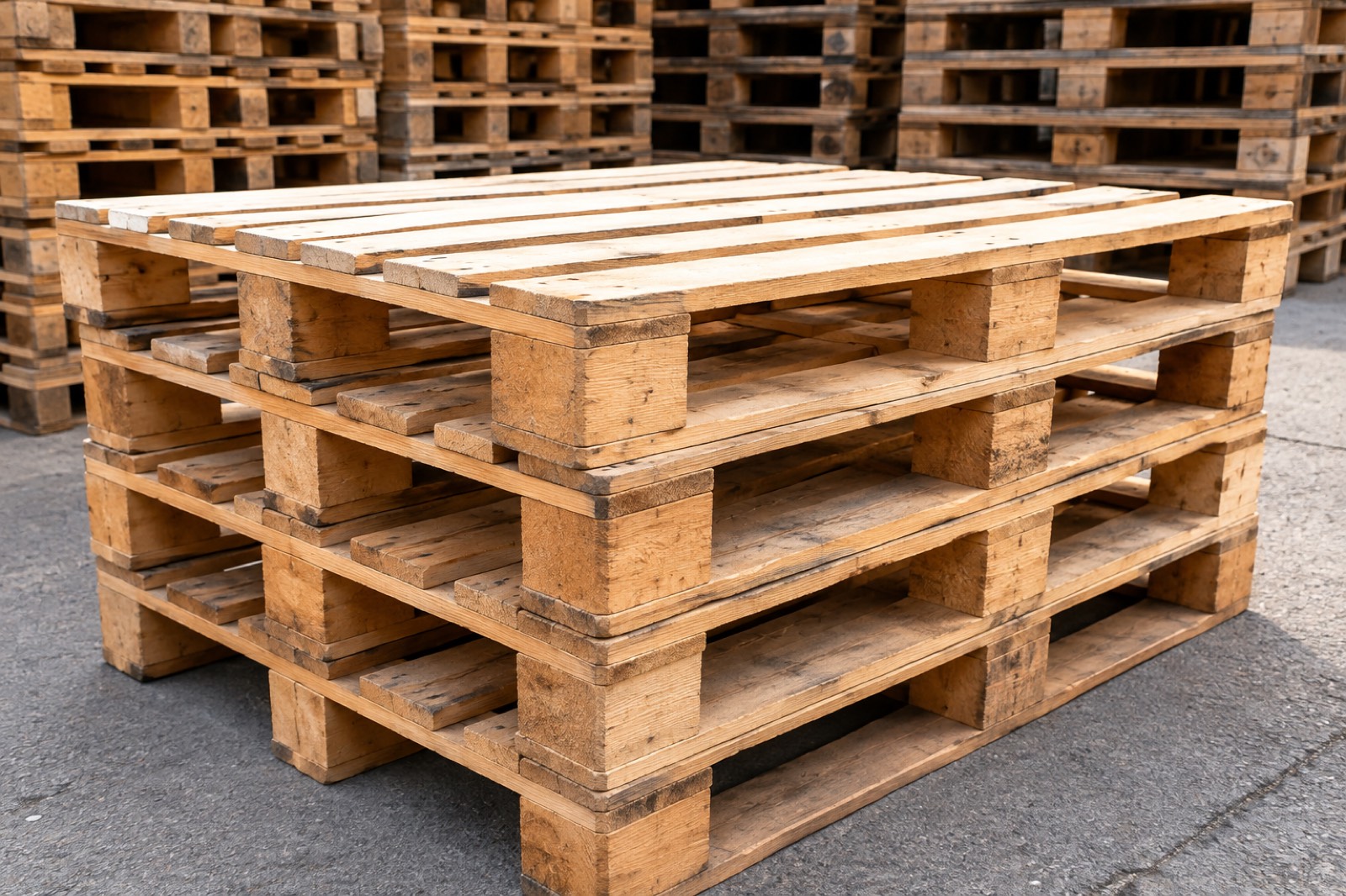 A single stacked block pallet in a yard, with rows of stacked pallets behind it