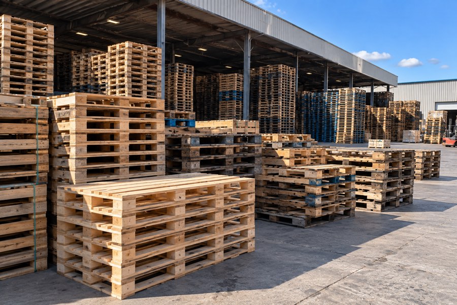 Stacks of wooden pallets in a covered yard under a clear sky