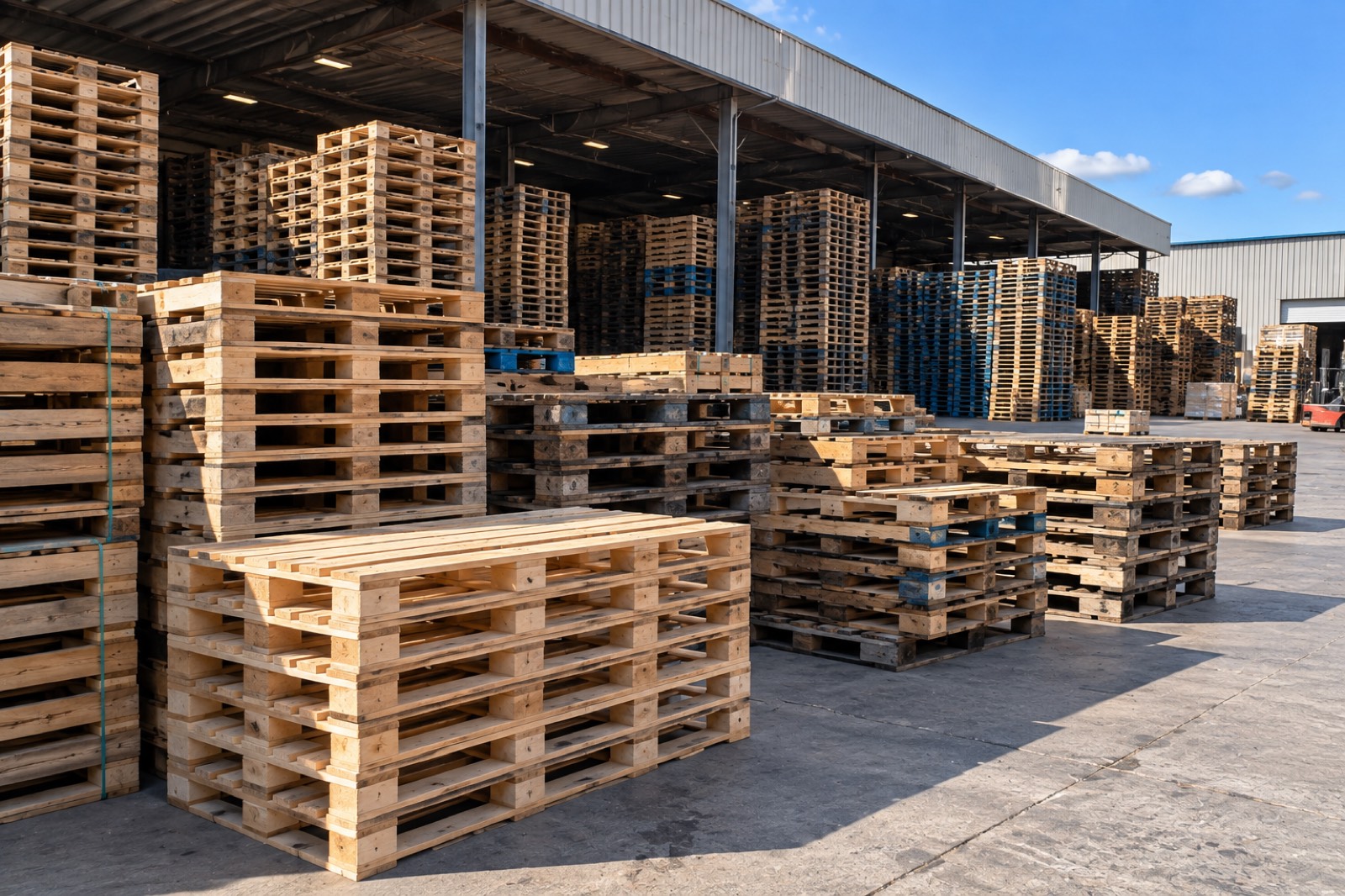 Stacks of wooden pallets in a covered yard under a clear sky