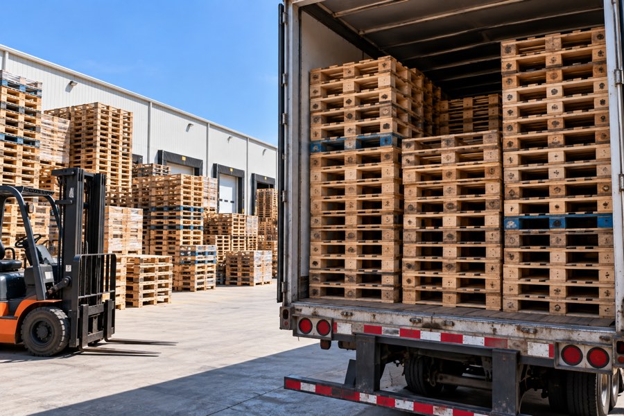 A forklift beside a trailer loaded with stacked pallets at a dock