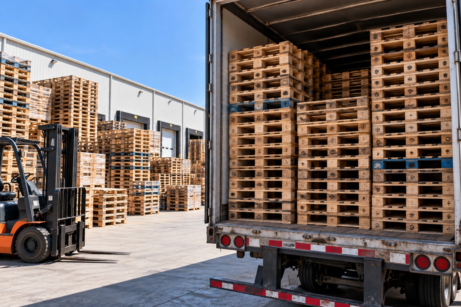 A forklift beside a trailer loaded with stacked pallets at a dock