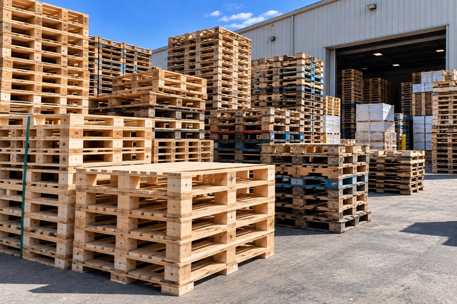 Graded pallet stacks outside a warehouse door