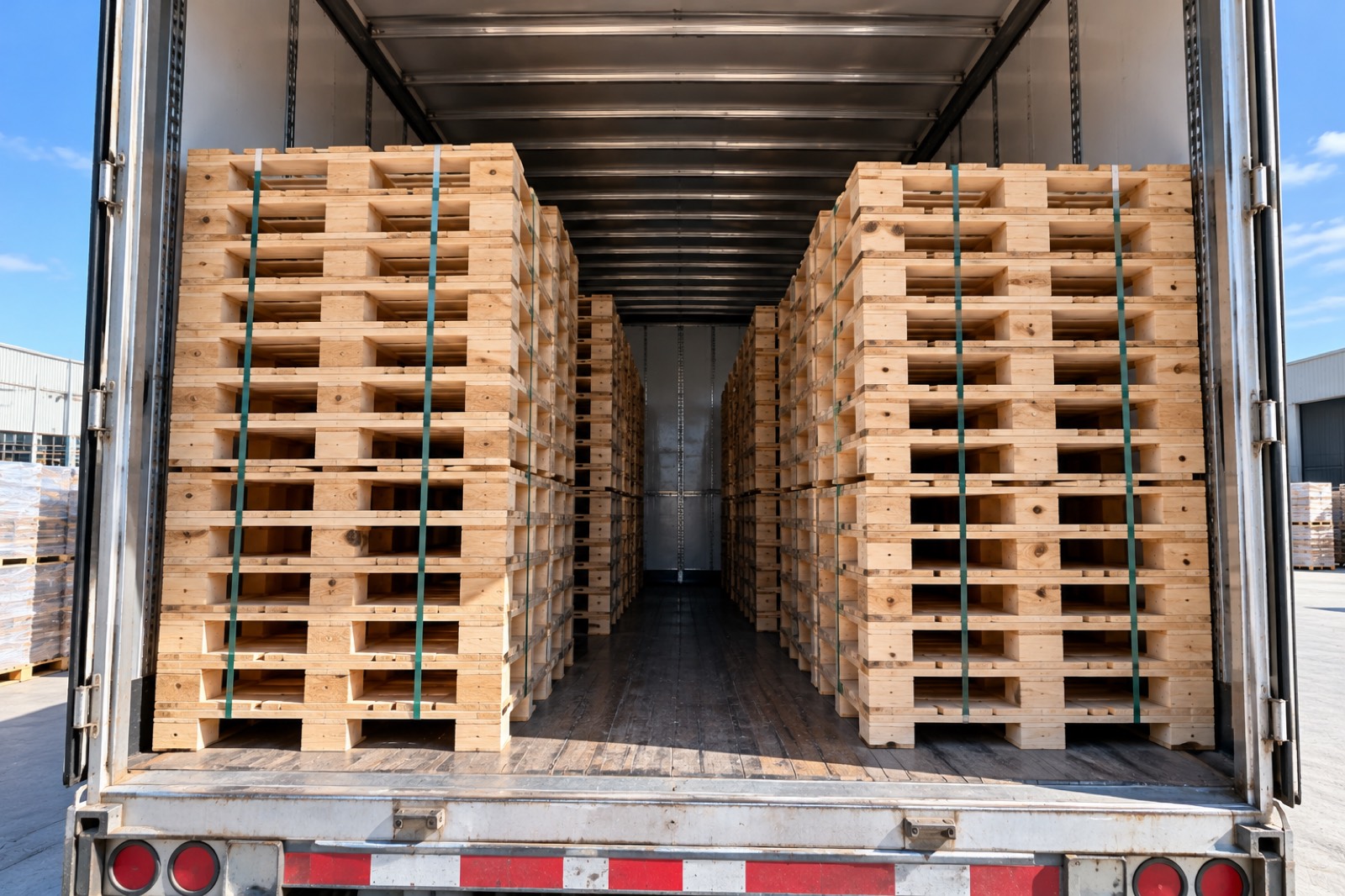 The inside of a trailer, loaded with two strapped columns of pallets