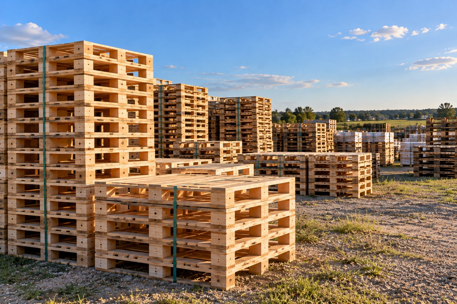 Pallet stacks on a gravel yard at golden hour, with trees on the horizon