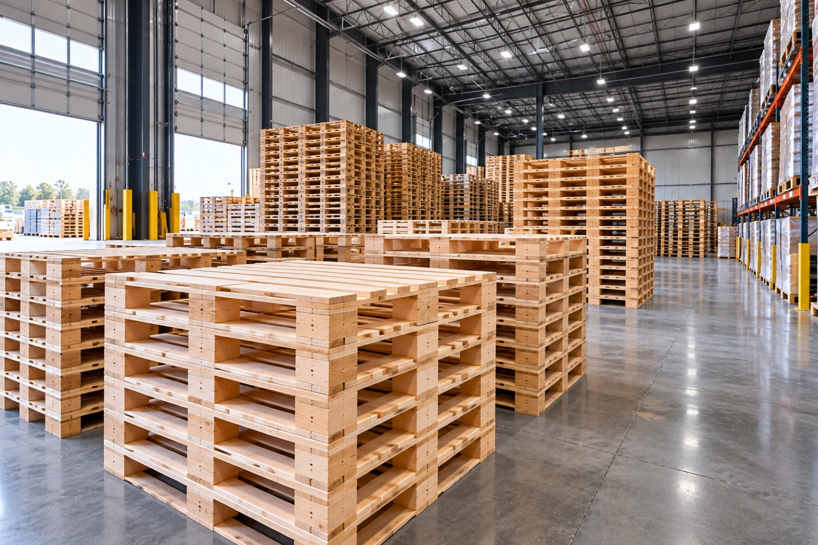 Pallet stacks inside a modern warehouse with racking along the wall