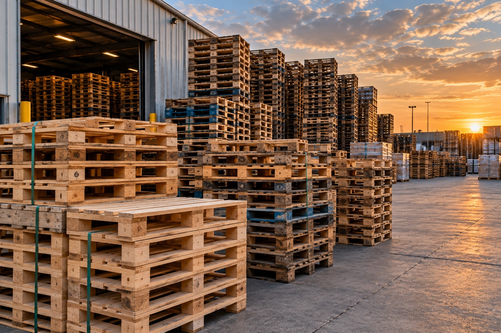 A pallet yard at sunset, stacks lining the apron beside the warehouse